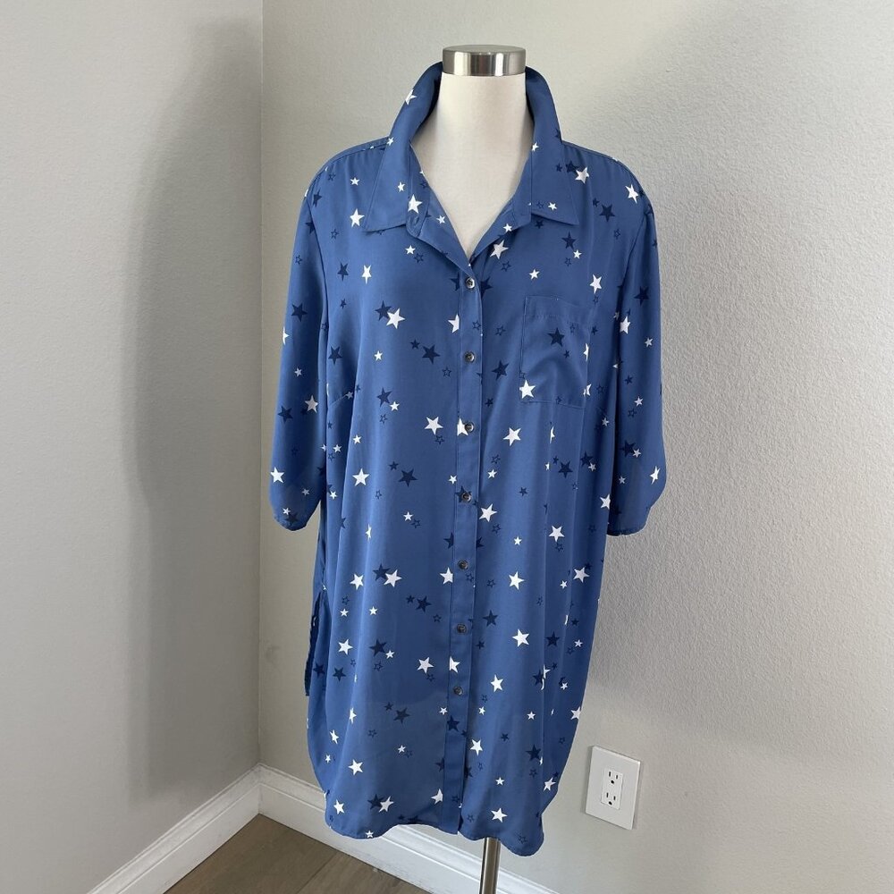 Catherines Shirt Womens 2X Star Print Tunic 22 24W Button Up Lightweight Top
